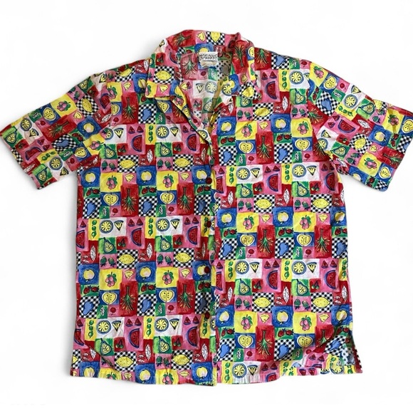 90s Napa Valley Fruit Print Button Up Top Shoulder Pad Retro Melon Pear Shirt PM - Picture 2 of 6